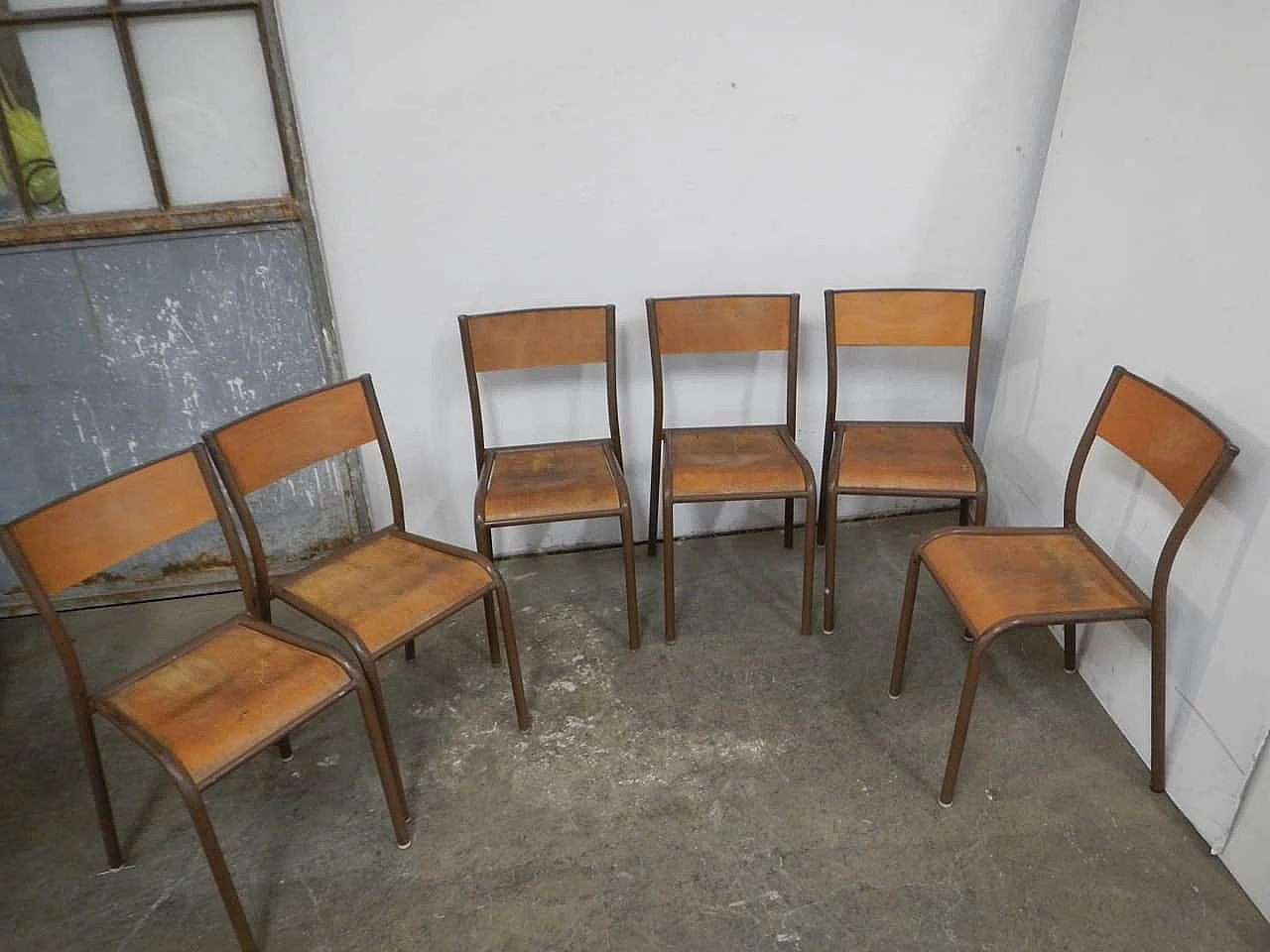 6 Brown iron and birch stackable chairs by Mullca, 1960s 1