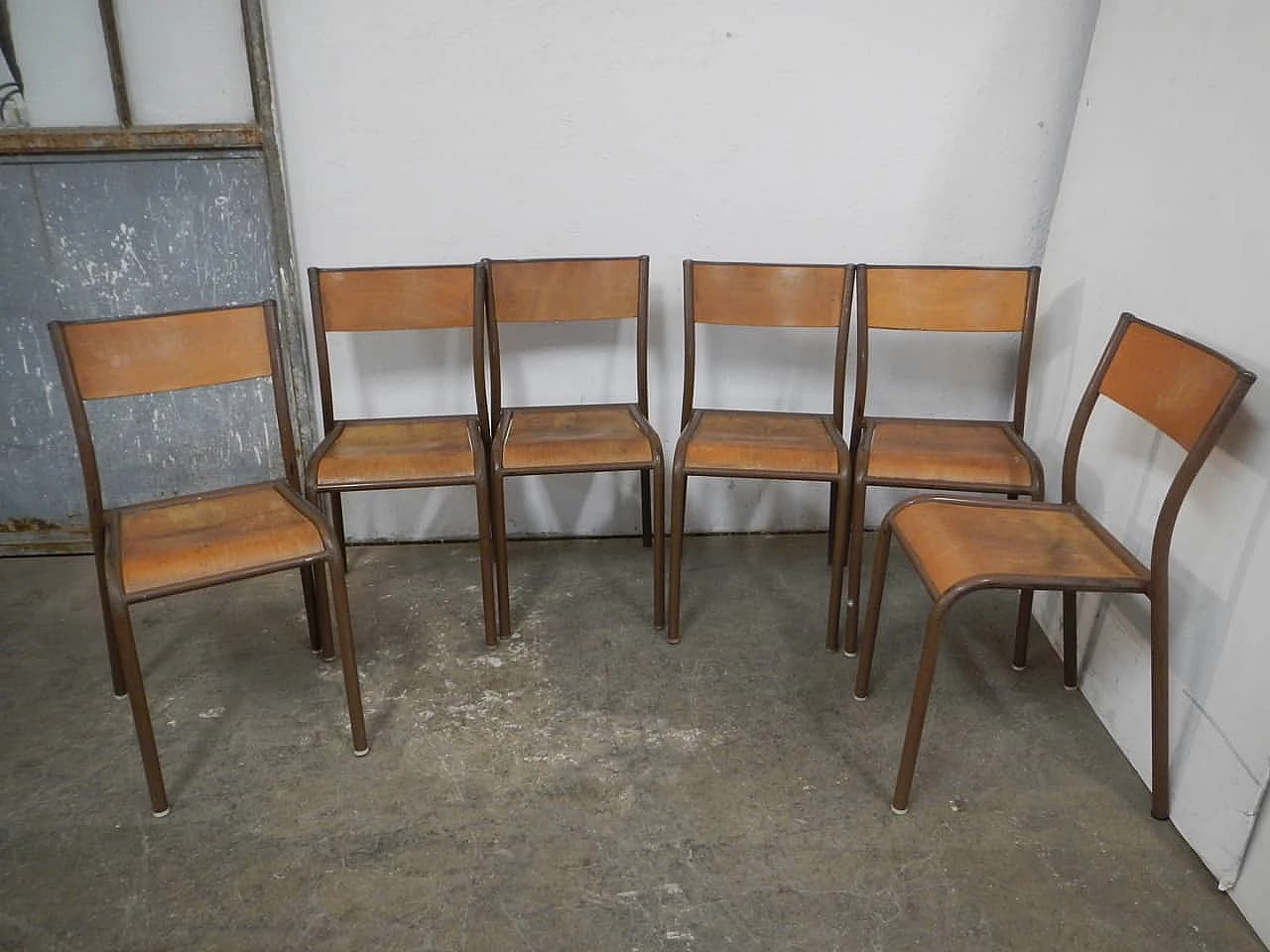6 Brown iron and birch stackable chairs by Mullca, 1960s 2