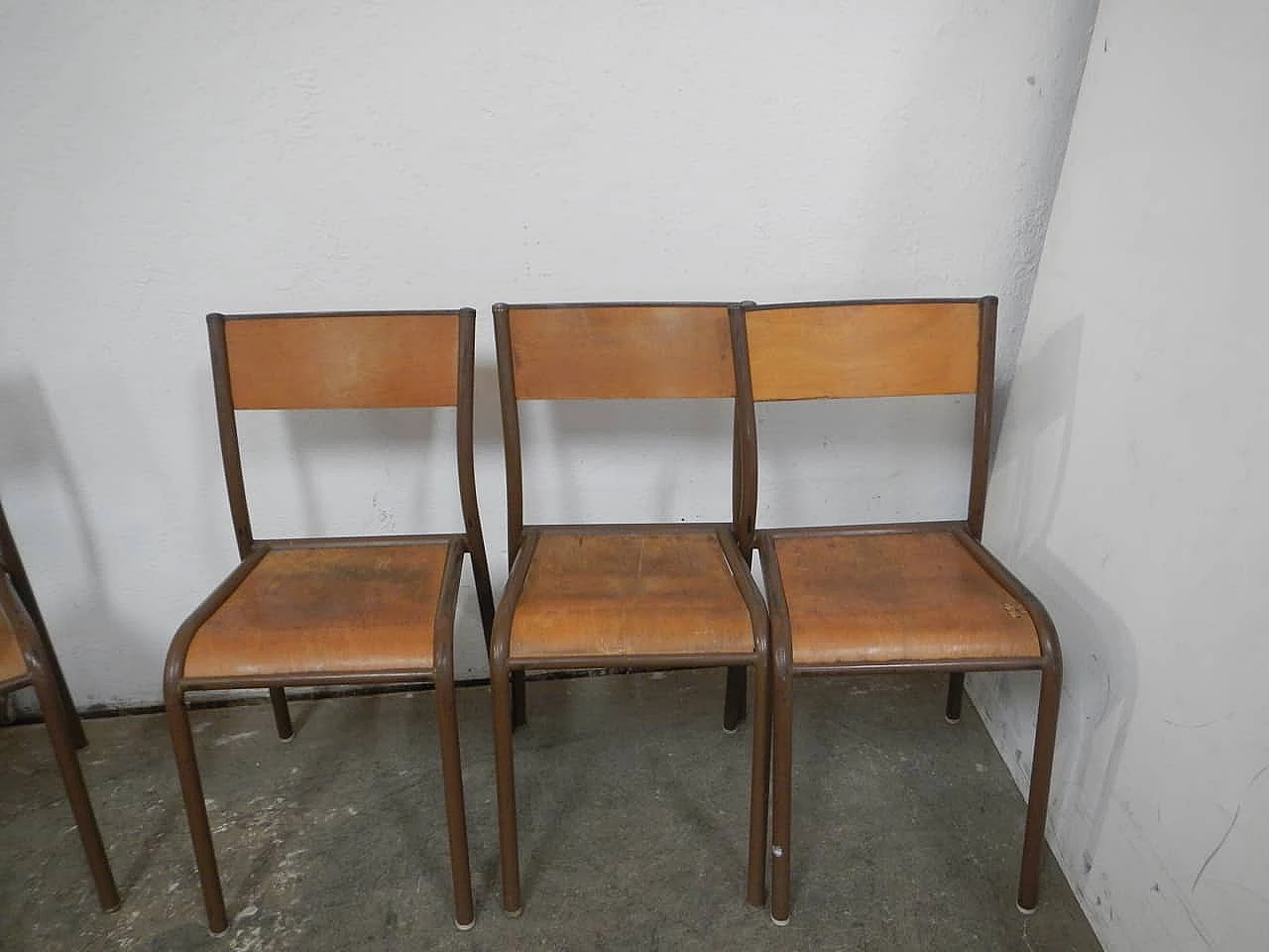 6 Brown iron and birch stackable chairs by Mullca, 1960s 3