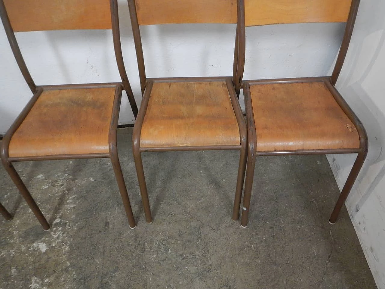 6 Brown iron and birch stackable chairs by Mullca, 1960s 4