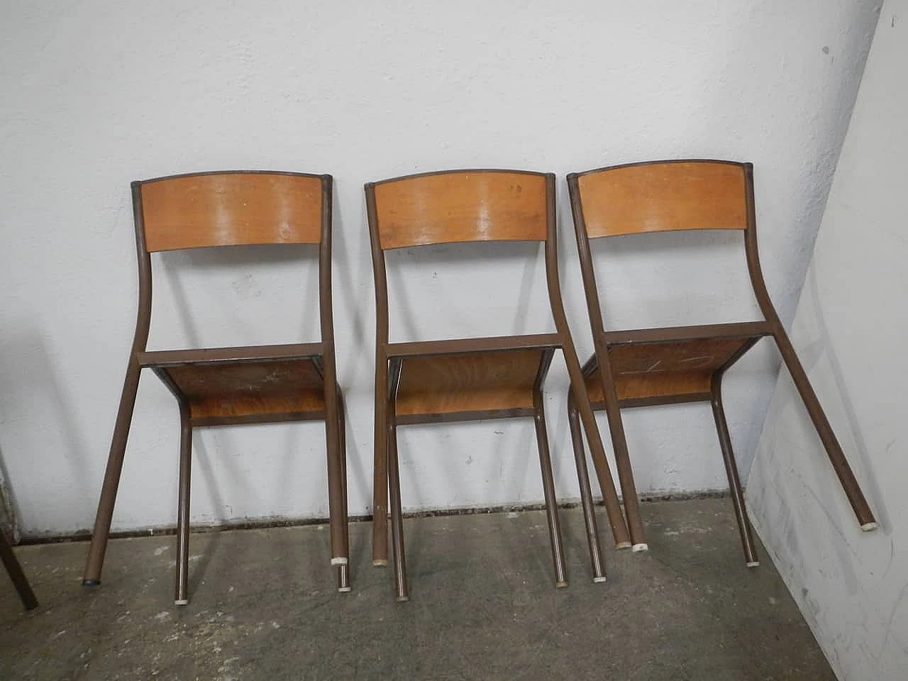 6 Brown iron and birch stackable chairs by Mullca, 1960s 5