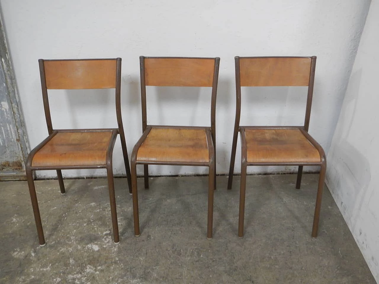 6 Brown iron and birch stackable chairs by Mullca, 1960s 7