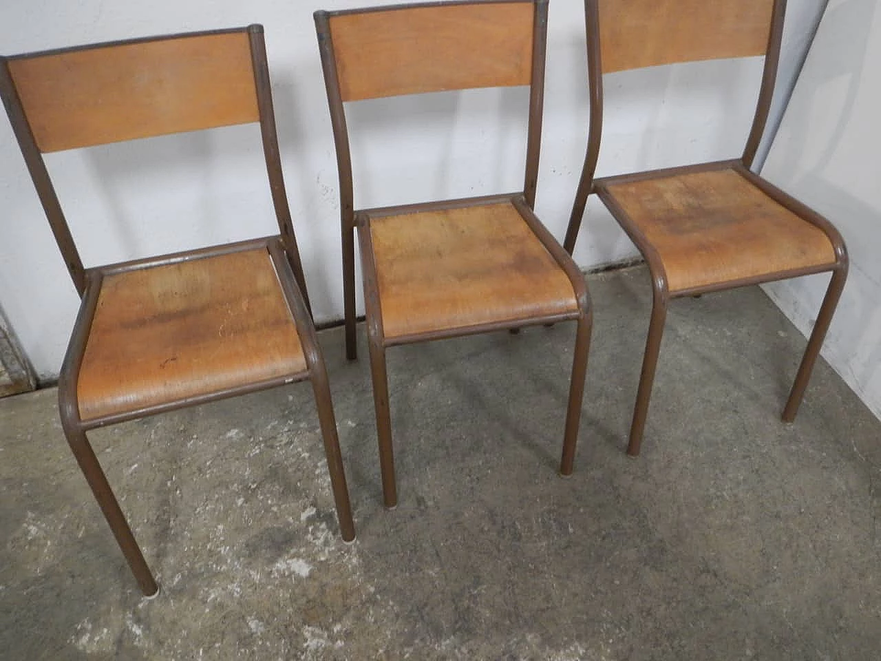 6 Brown iron and birch stackable chairs by Mullca, 1960s 8