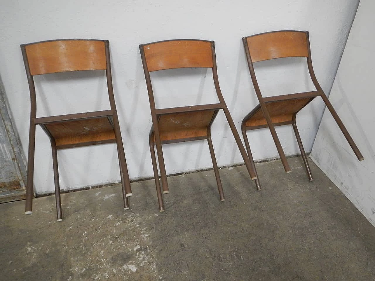 6 Brown iron and birch stackable chairs by Mullca, 1960s 9