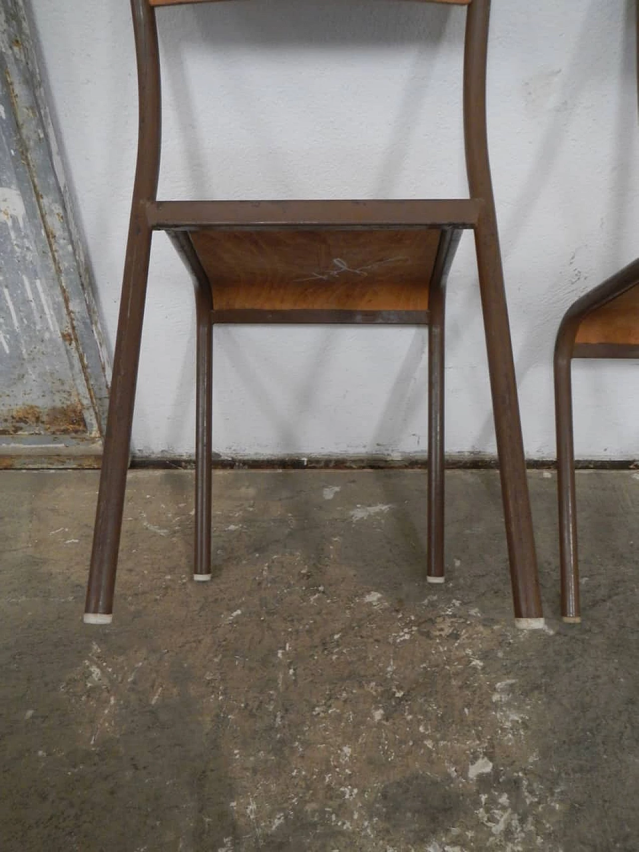 6 Brown iron and birch stackable chairs by Mullca, 1960s 10