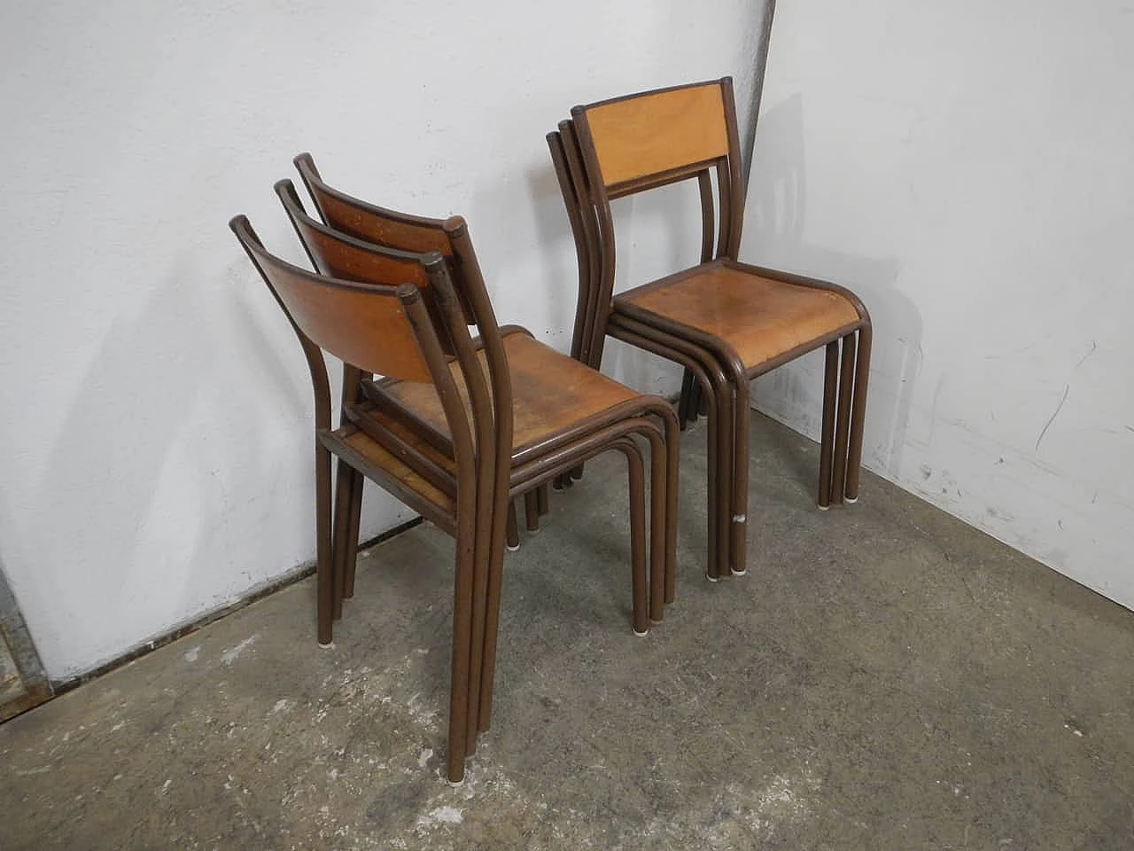 6 Brown iron and birch stackable chairs by Mullca, 1960s 12