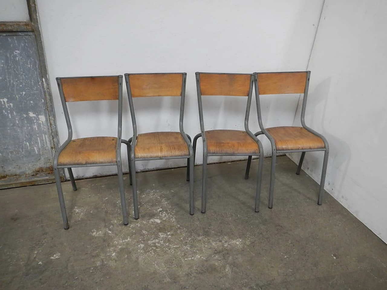 4 Gray iron and birch stackable chairs by Mullca, 1960s 1