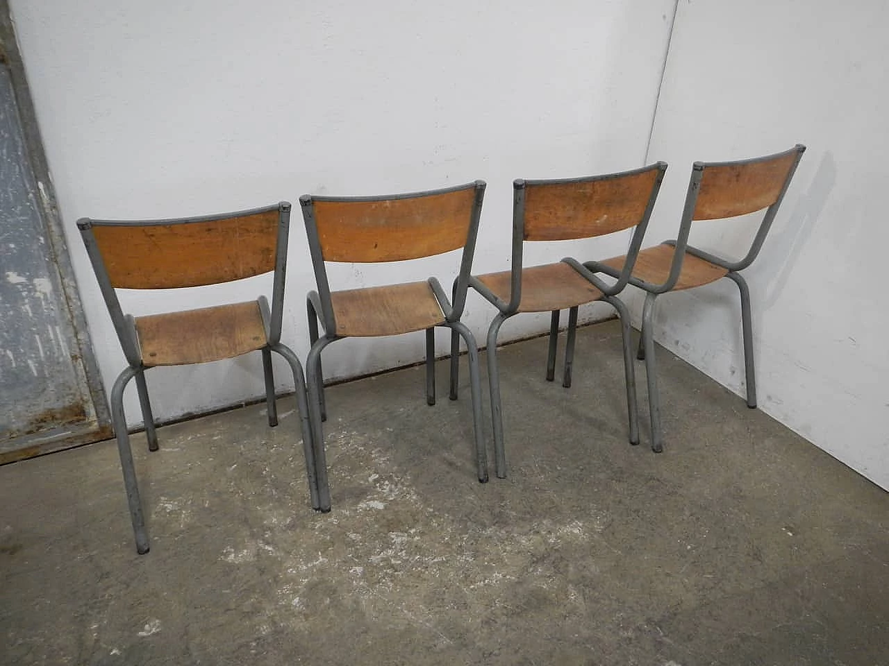 4 Gray iron and birch stackable chairs by Mullca, 1960s 3
