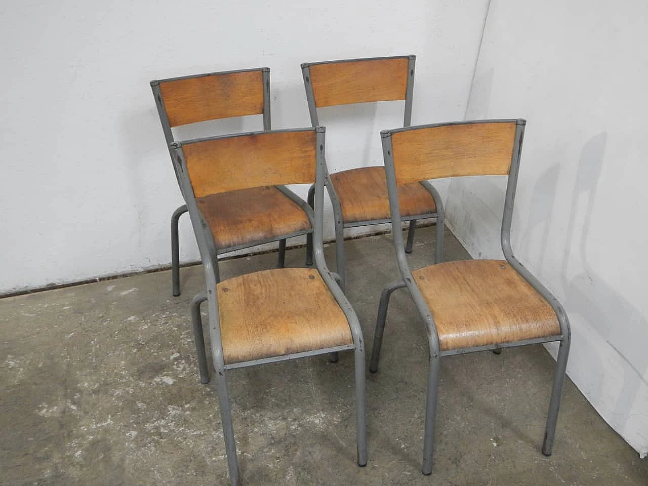 4 Gray iron and birch stackable chairs by Mullca, 1960s 4