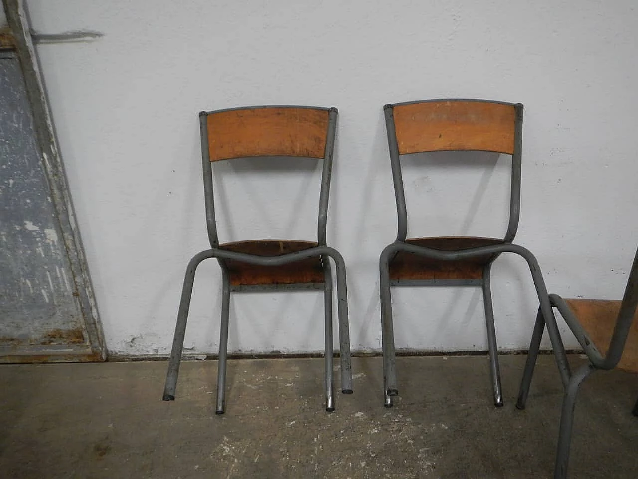 4 Gray iron and birch stackable chairs by Mullca, 1960s 5