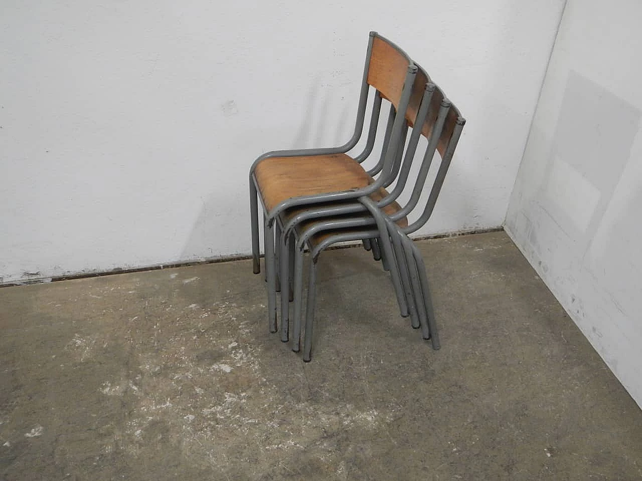 4 Gray iron and birch stackable chairs by Mullca, 1960s 9