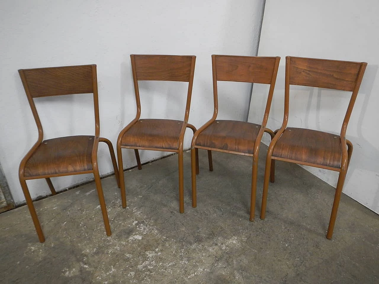 4 Light brown iron and birch stackable chairs by Mullca, 1960s 1