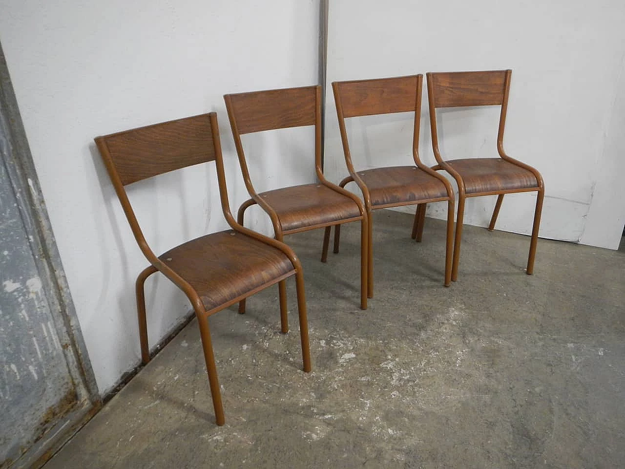4 Light brown iron and birch stackable chairs by Mullca, 1960s 2