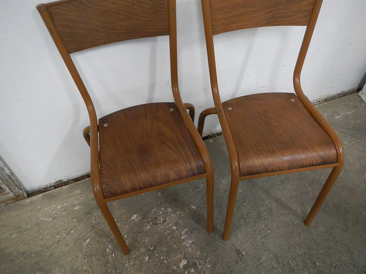 4 Light brown iron and birch stackable chairs by Mullca, 1960s 4
