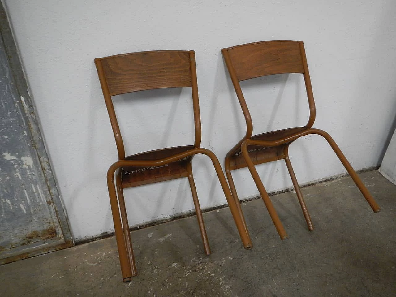 4 Light brown iron and birch stackable chairs by Mullca, 1960s 5