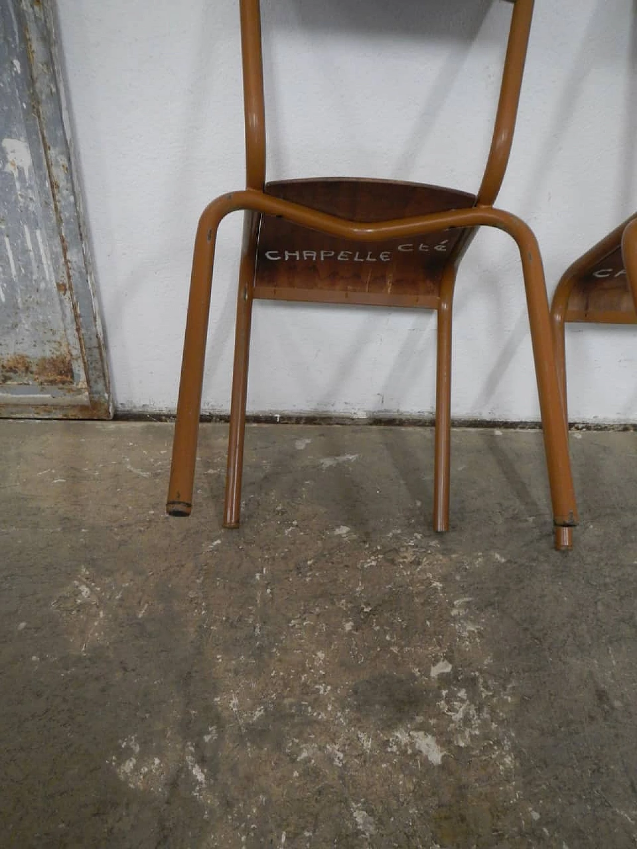 4 Light brown iron and birch stackable chairs by Mullca, 1960s 6