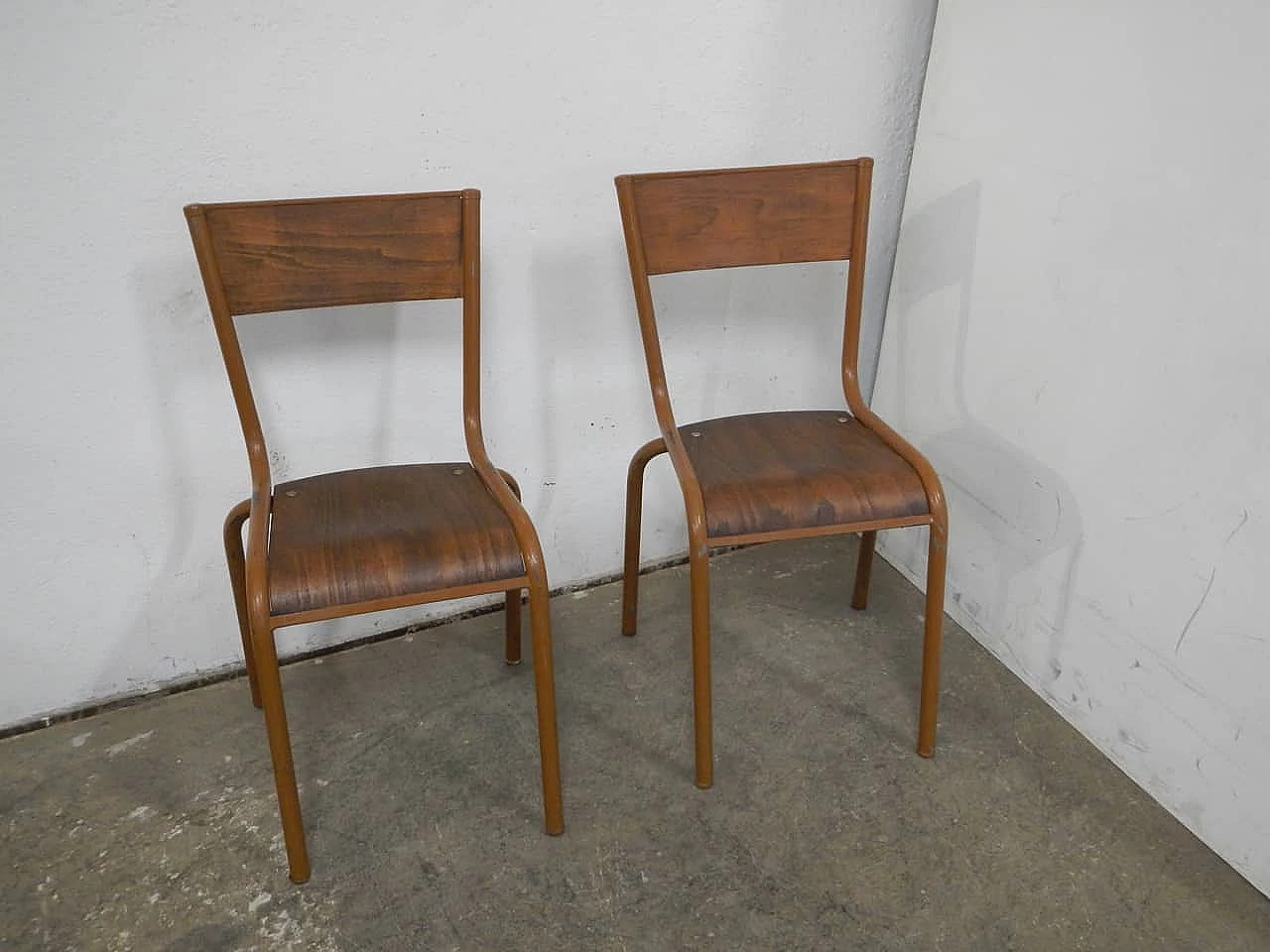4 Light brown iron and birch stackable chairs by Mullca, 1960s 7
