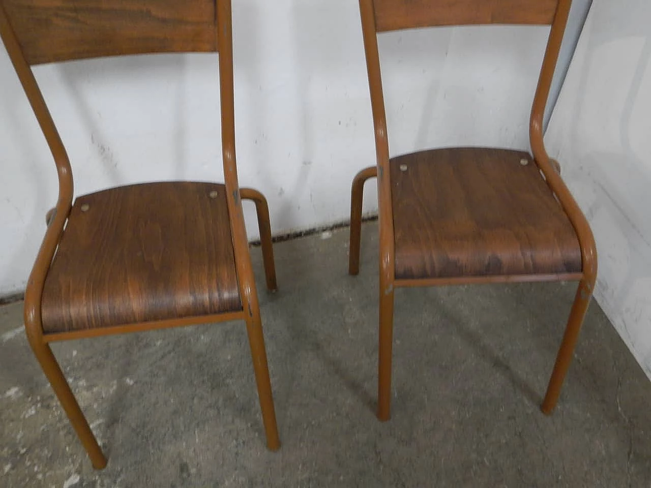 4 Light brown iron and birch stackable chairs by Mullca, 1960s 8