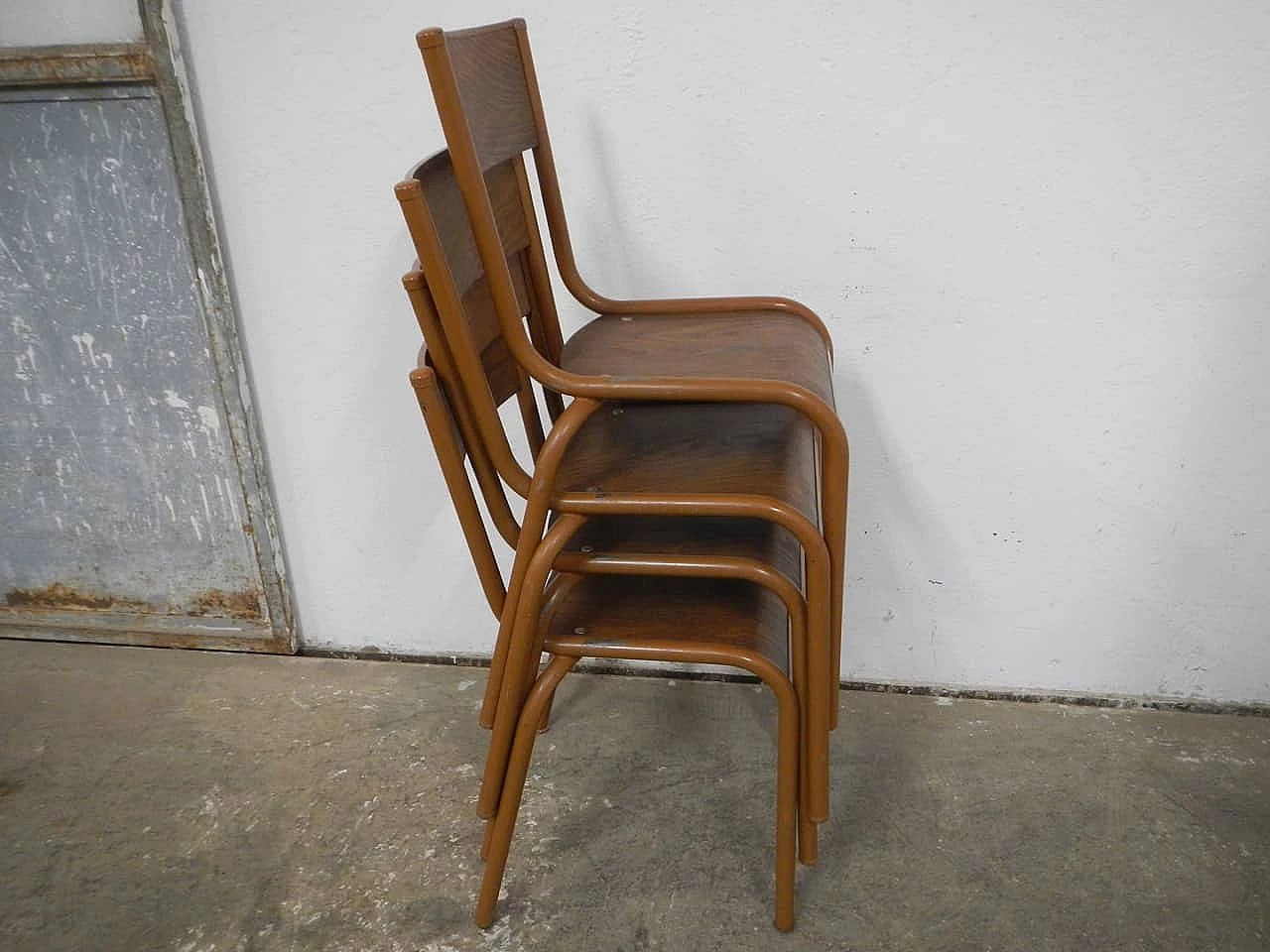 4 Light brown iron and birch stackable chairs by Mullca, 1960s 10