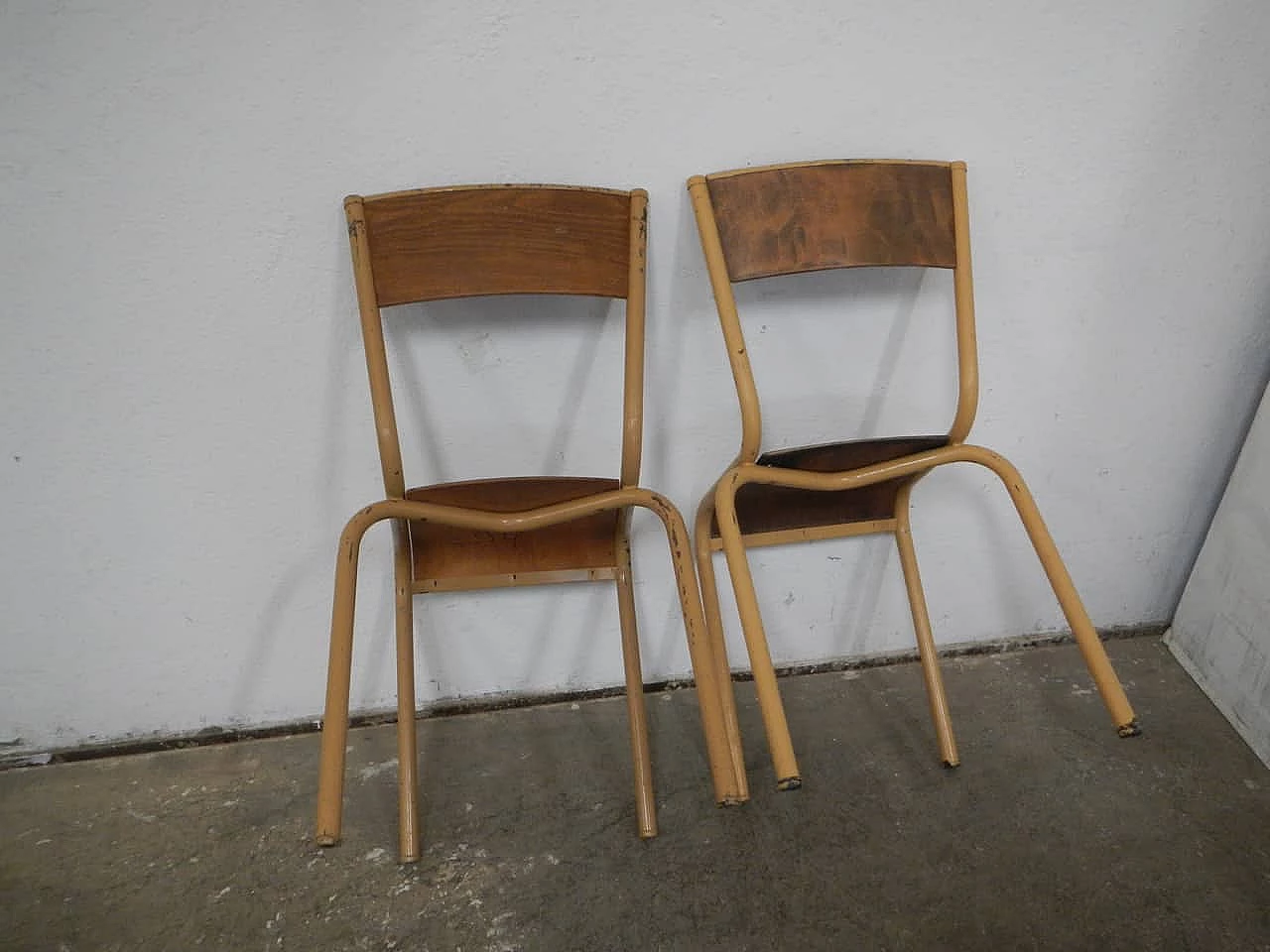 Pair of stackable iron chairs with birch blockboard seat by Mullca, 1960s 3