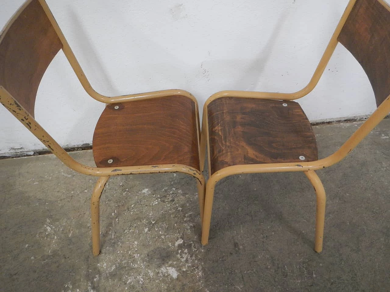 Pair of stackable iron chairs with birch blockboard seat by Mullca, 1960s 5