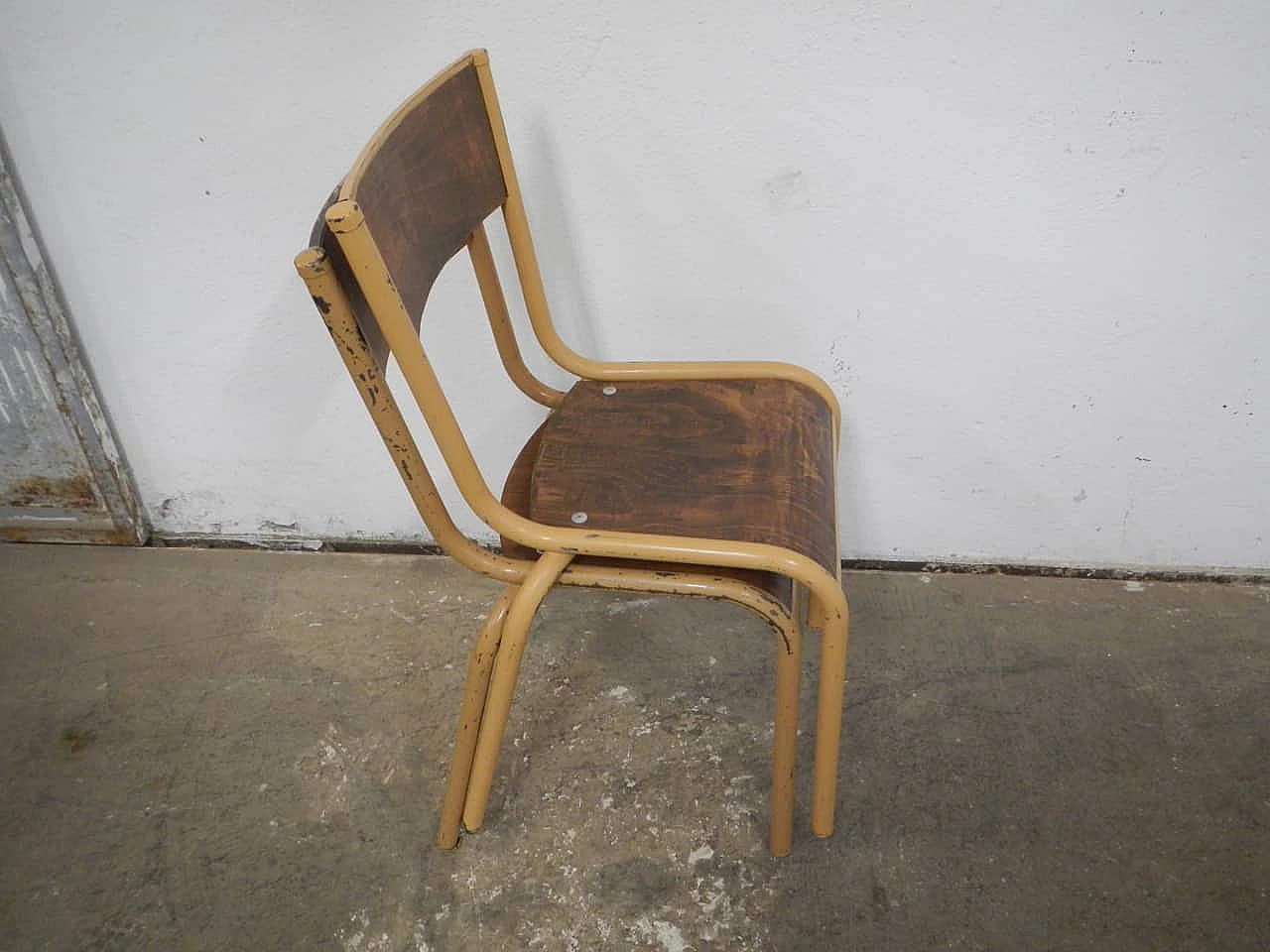 Pair of stackable iron chairs with birch blockboard seat by Mullca, 1960s 6