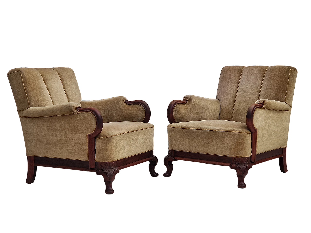 Pair of Danish teak armchairs with velvet upholstery, 1950s 20