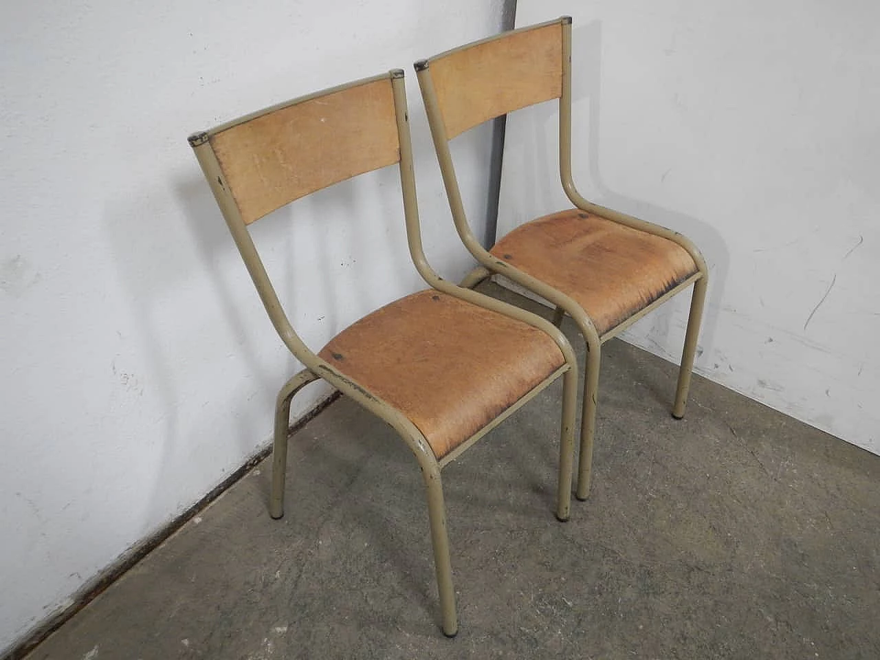 Pair of beige iron stacking chairs with birch blockboard seat by Mullca, 1960s 2