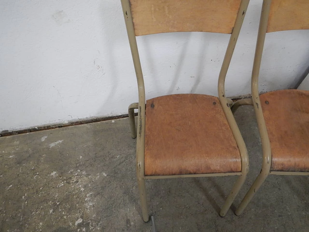 Pair of beige iron stacking chairs with birch blockboard seat by Mullca, 1960s 3