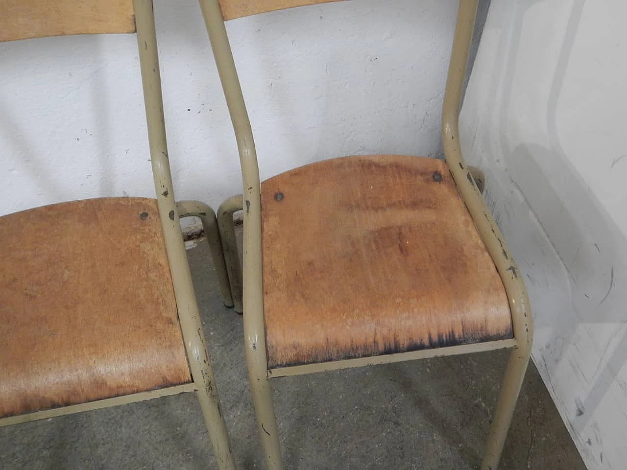 Pair of beige iron stacking chairs with birch blockboard seat by Mullca, 1960s 4