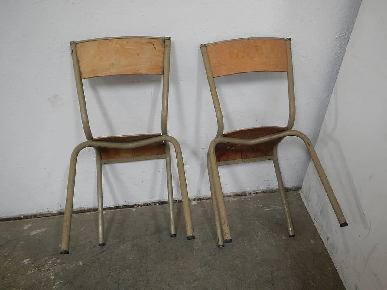 Pair of beige iron stacking chairs with birch blockboard seat by Mullca, 1960s 5