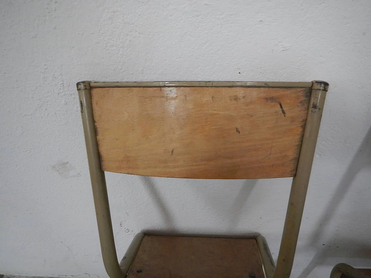 Pair of beige iron stacking chairs with birch blockboard seat by Mullca, 1960s 6