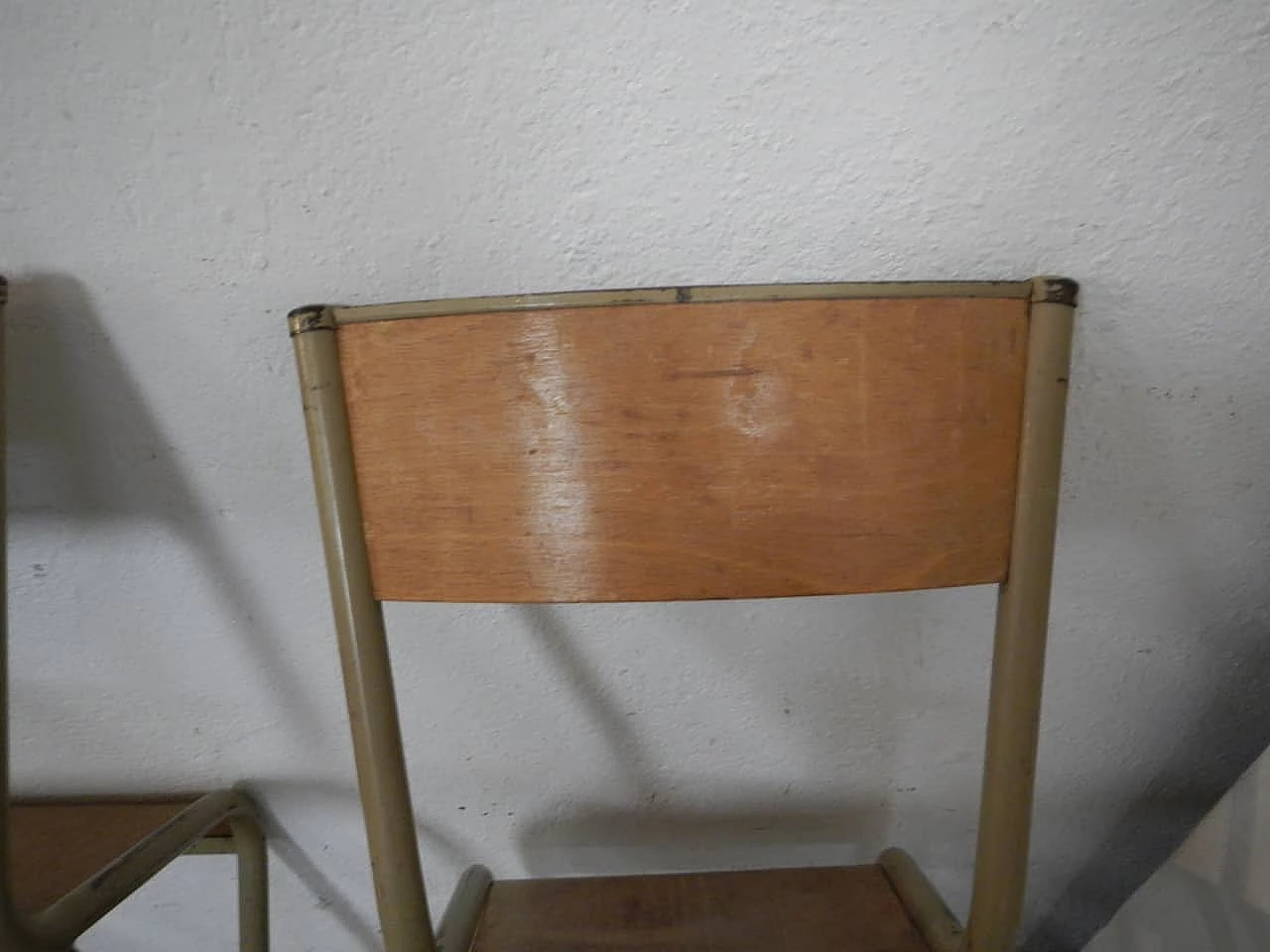 Pair of beige iron stacking chairs with birch blockboard seat by Mullca, 1960s 7