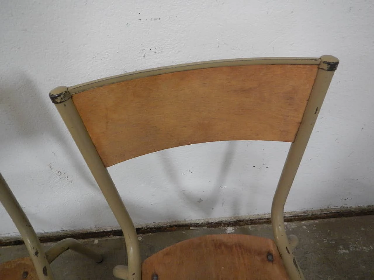 Pair of beige iron stacking chairs with birch blockboard seat by Mullca, 1960s 9