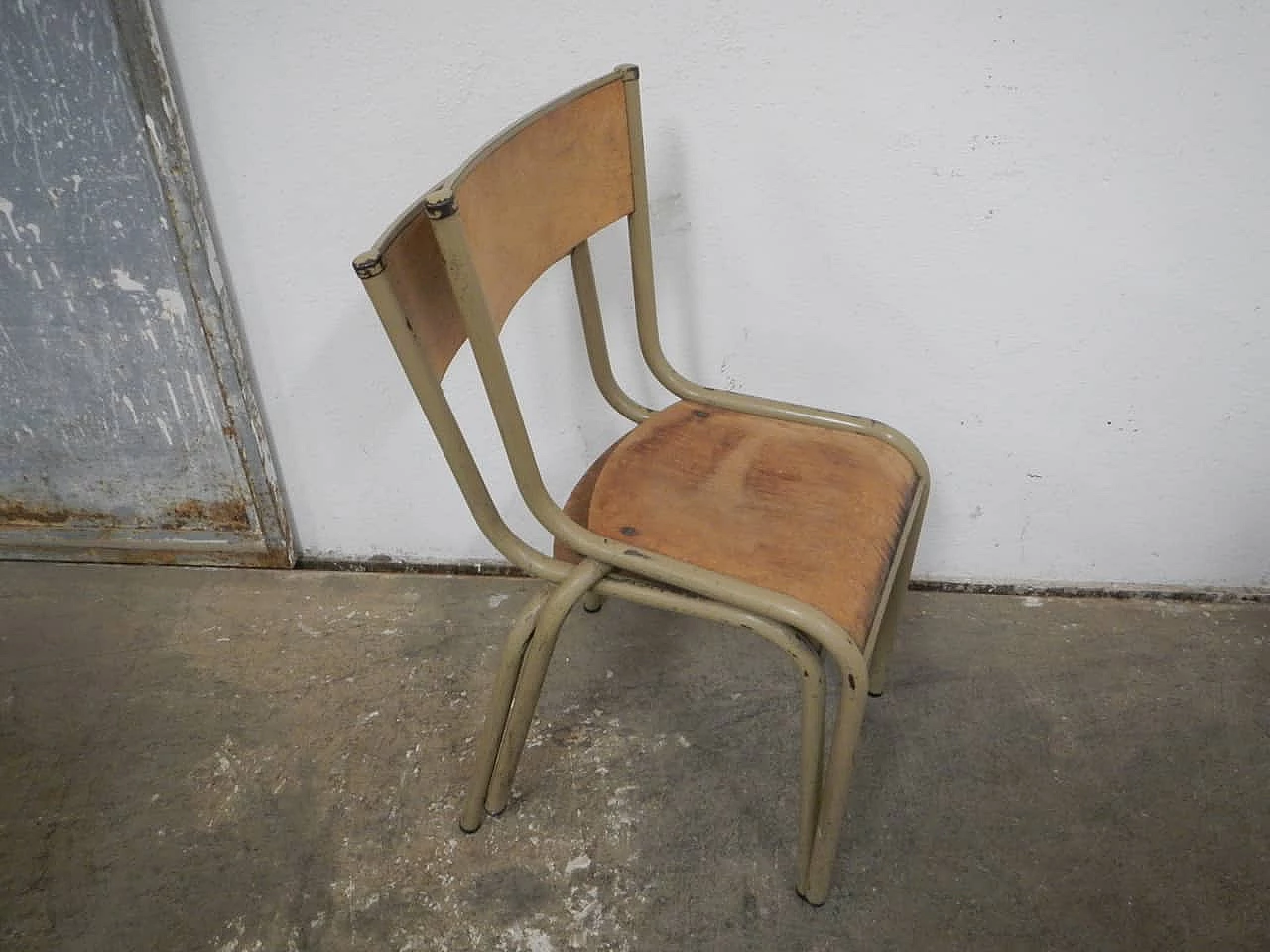 Pair of beige iron stacking chairs with birch blockboard seat by Mullca, 1960s 10