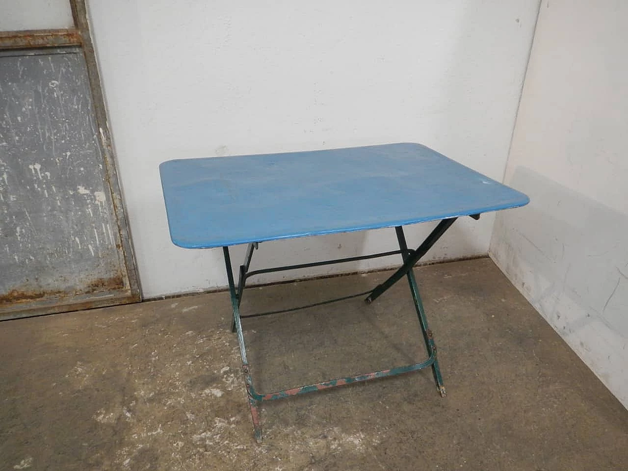 Folding rectangular iron garden table coloured blue and green, 1950s 1