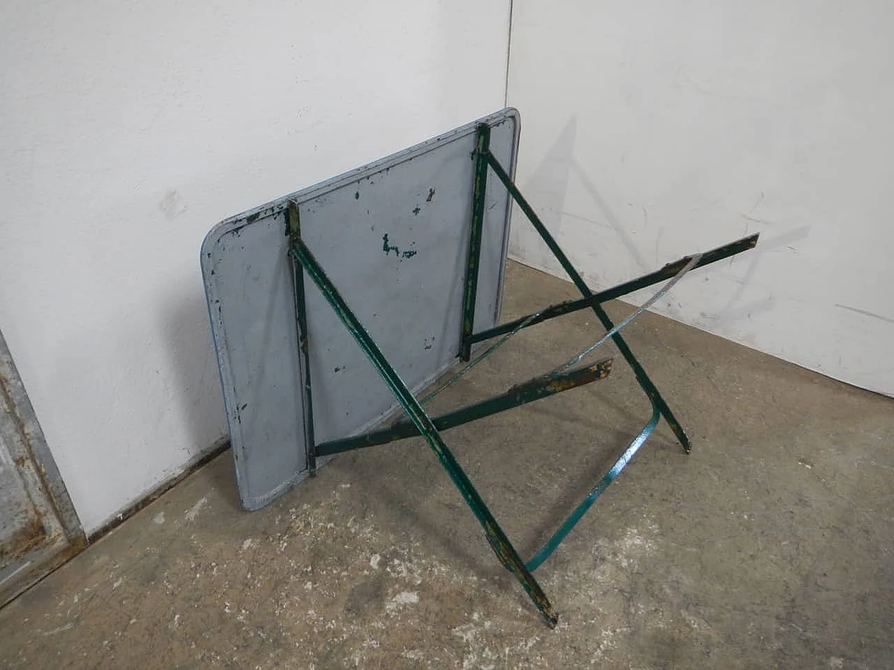 Folding rectangular iron garden table coloured blue and green, 1950s 7