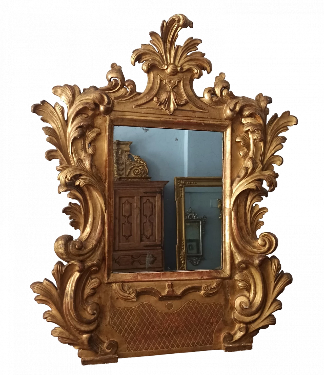 Cornice Barocca intagliata in legno dorato con specchio, prima metà '700 10