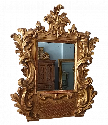 Cornice Barocca intagliata in legno dorato con specchio, prima metà '700