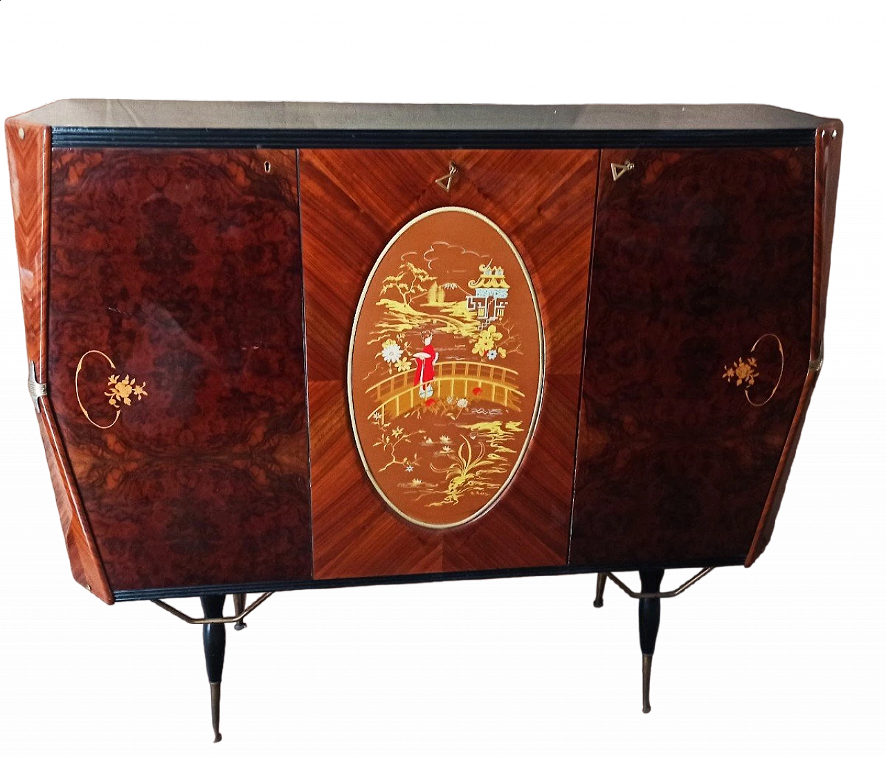 Bar cabinet in rosewood and briarwood with central door painted in chinoiserie in the style of Paolo Buffa, 1950s 13