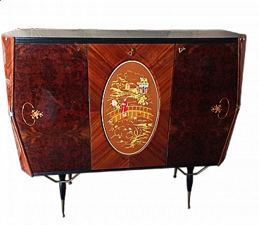 Bar cabinet in rosewood and briarwood with central door painted in chinoiserie in the style of Paolo Buffa, 1950s