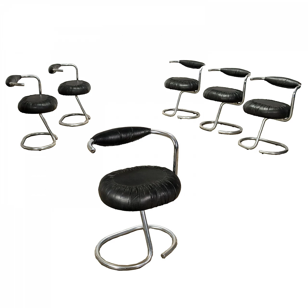 6 Tubular steel chairs with leatherette upholstery, 1970s 1