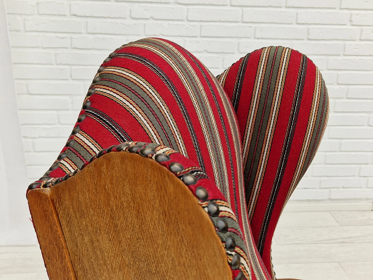 Pair of Danish oak and multi-coloured wool armchairs, 1960s 2