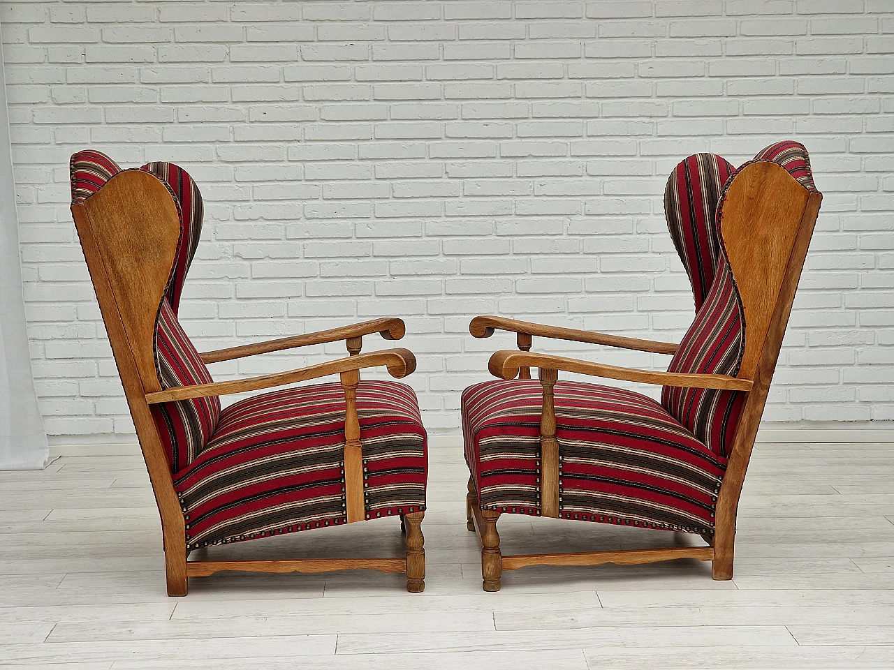 Pair of Danish oak and multi-coloured wool armchairs, 1960s 9