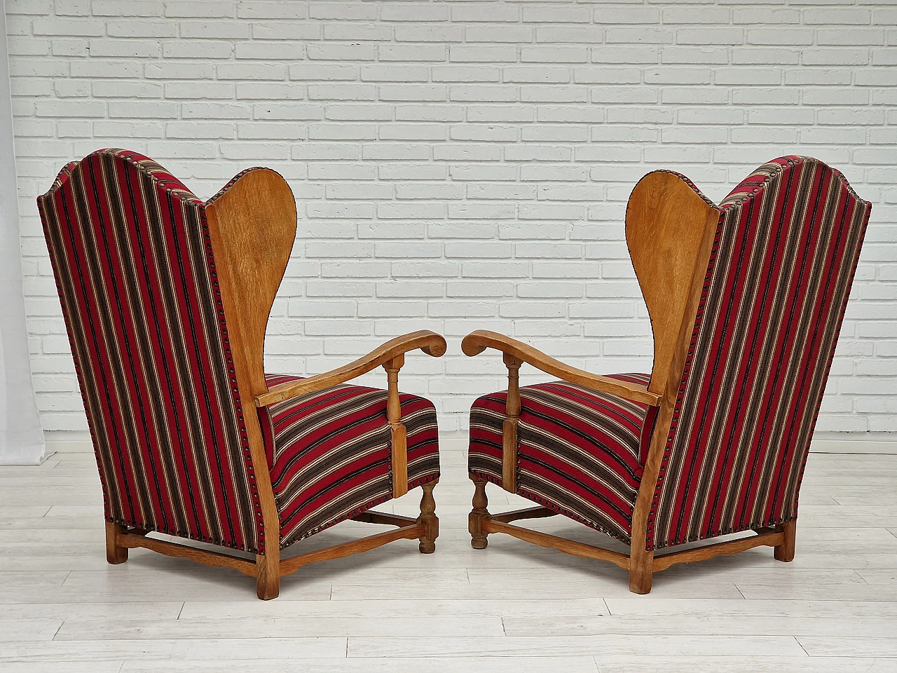 Pair of Danish oak and multi-coloured wool armchairs, 1960s 10