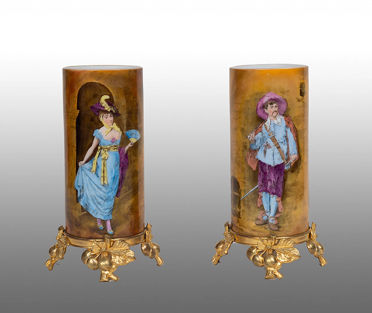 Pair of Napoleon III flower vases in polychrome porcelain on gilded bronze bases, 19th century 1