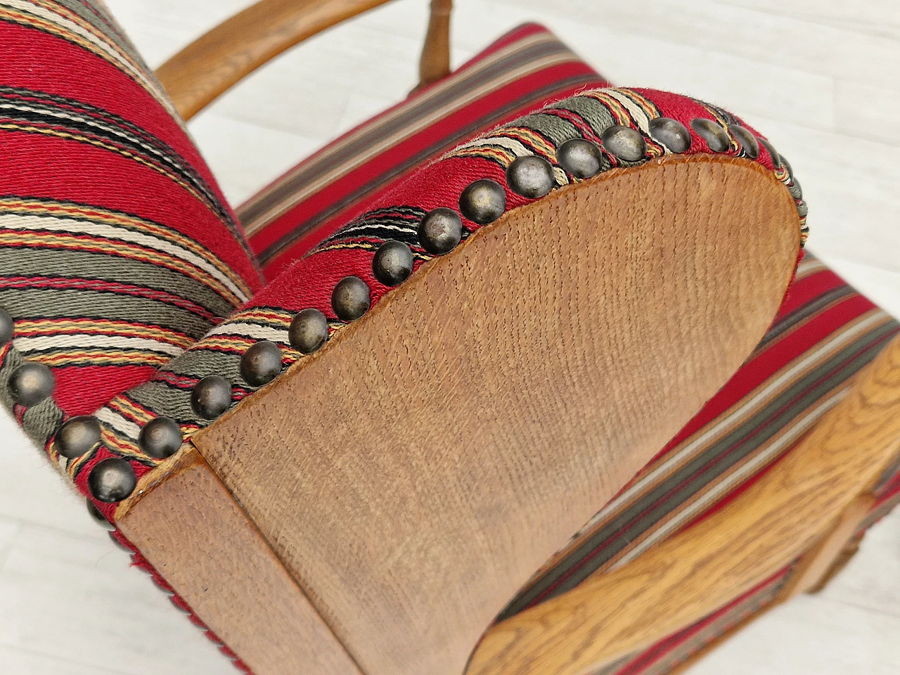 Pair of Danish oak and multi-coloured wool armchairs, 1960s 13