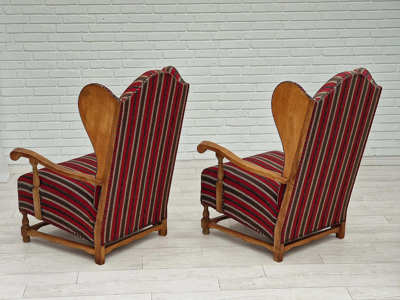 Pair of Danish oak and multi-coloured wool armchairs, 1960s 14