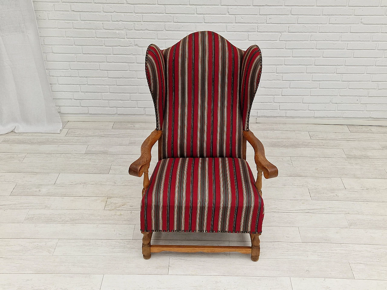 Pair of Danish oak and multi-coloured wool armchairs, 1960s 18