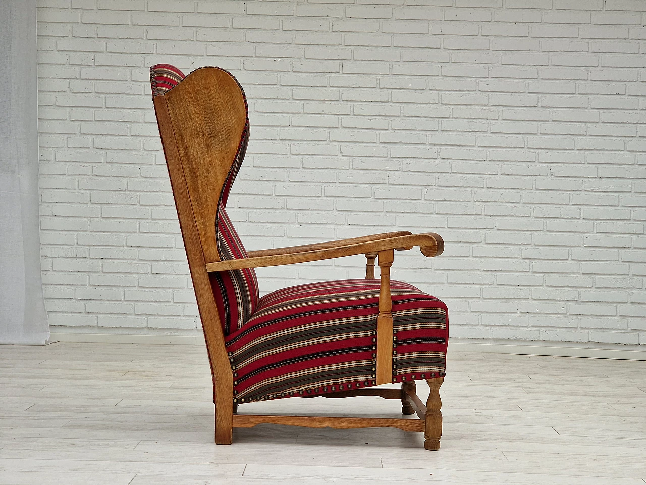 Pair of Danish oak and multi-coloured wool armchairs, 1960s 19